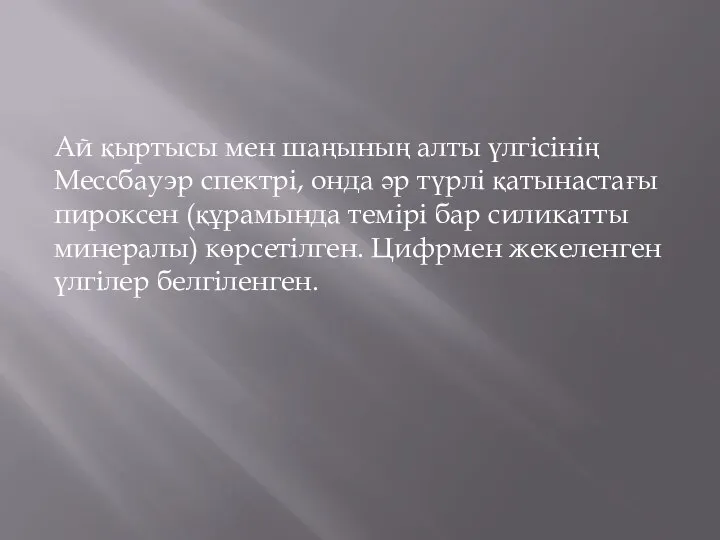 Ай қыртысы мен шаңының алты үлгісінің Мессбауэр спектрі, онда әр түрлі