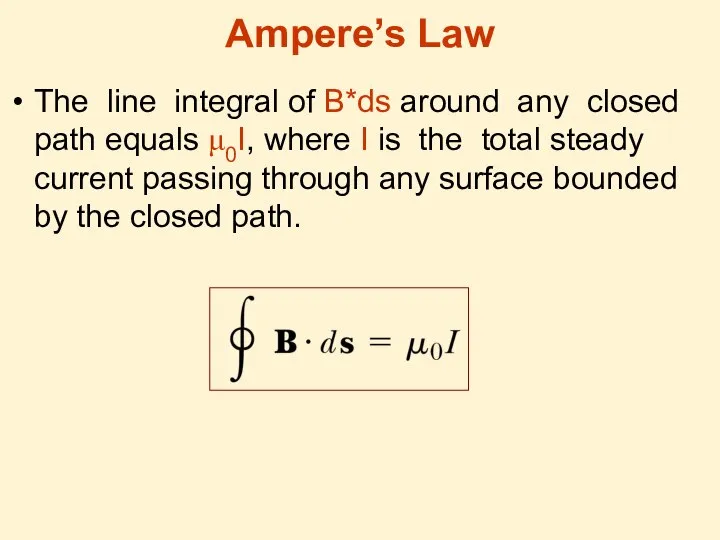 Ampere’s Law The line integral of B*ds around any closed path