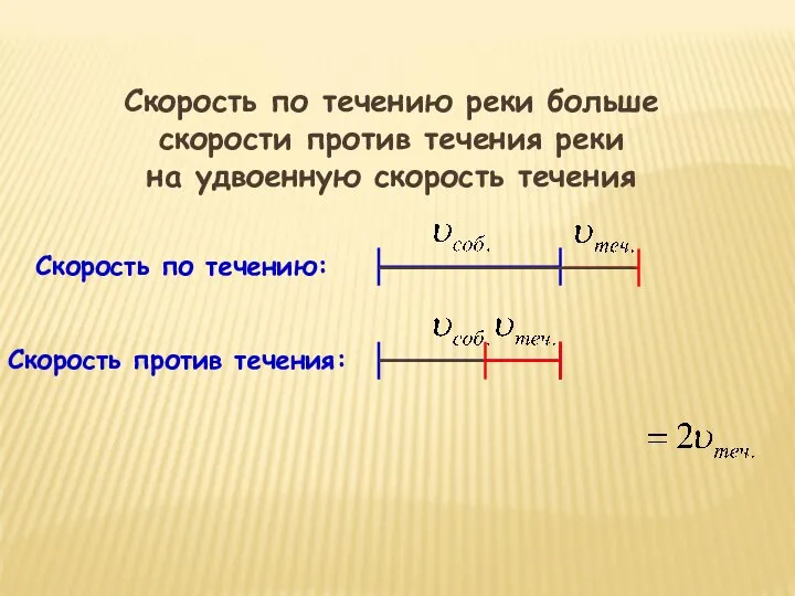 Скорость по течению реки больше скорости против течения реки на удвоенную