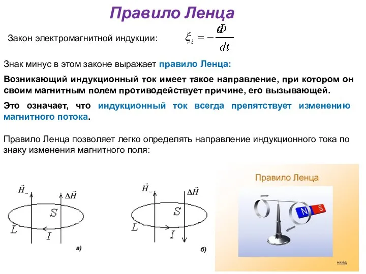 Правило Ленца Закон электромагнитной индукции: Знак минус в этом законе выражает