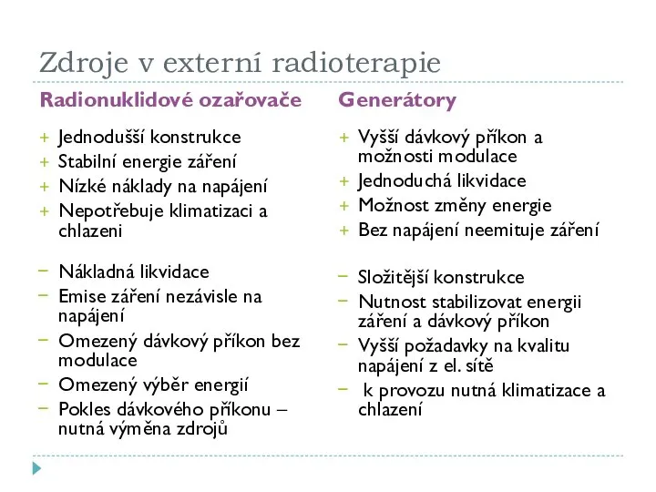 Zdroje v externí radioterapie Radionuklidové ozařovače Jednodušší konstrukce Stabilní energie záření
