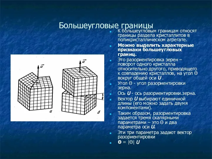 Большеугловые границы К большеугловым границам относят границы раздела кристаллитов в поликристаллическом