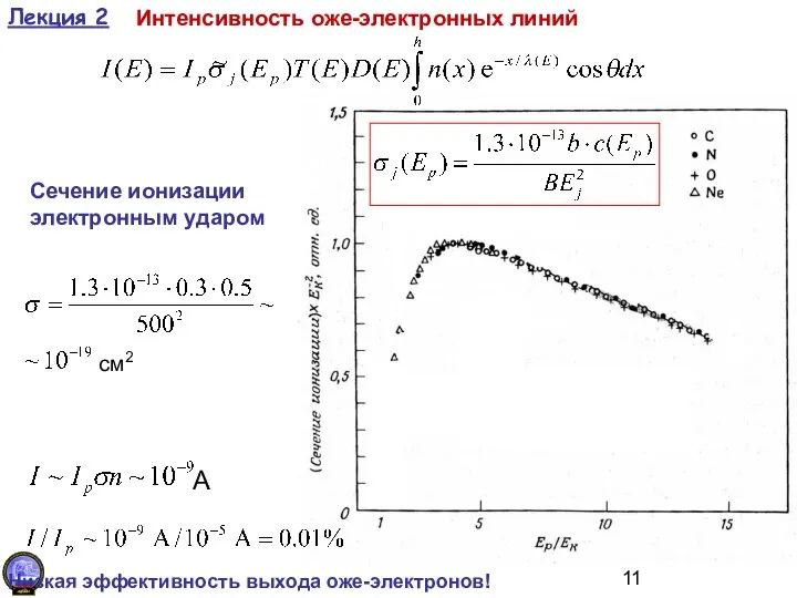 Лекция 2 Интенсивность оже-электронных линий Сечение ионизации электронным ударом см2 А Низкая эффективность выхода оже-электронов!