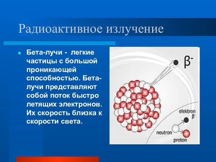 Радиоактивное излучение Бета-лучи - легкие частицы с большой проникающей способностью. Бета-лучи