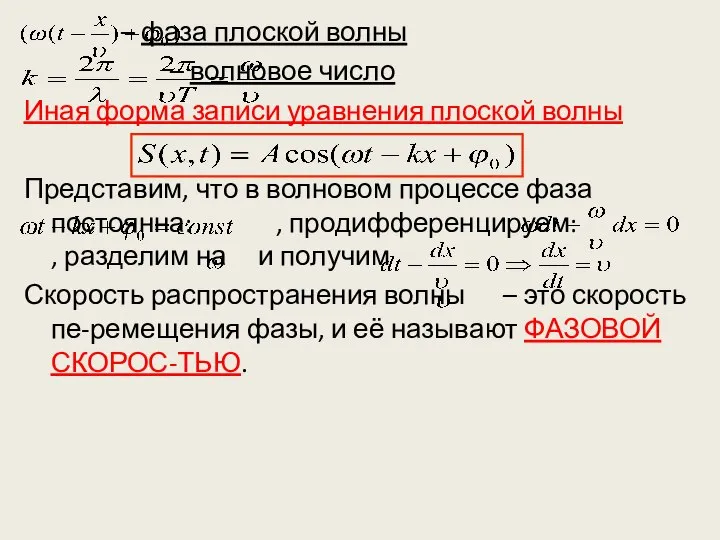 – фаза плоской волны – волновое число Иная форма записи уравнения