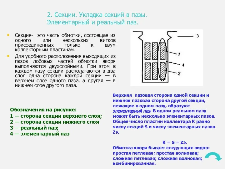 2. Секции. Укладка секций в пазы. Элементарный и реальный паз. Секция-