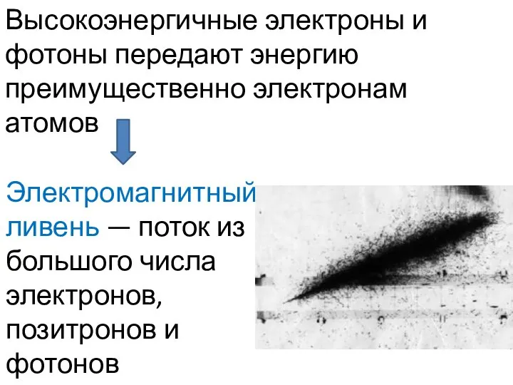 Высокоэнергичные электроны и фотоны передают энергию преимущественно электронам атомов Электромагнитный ливень