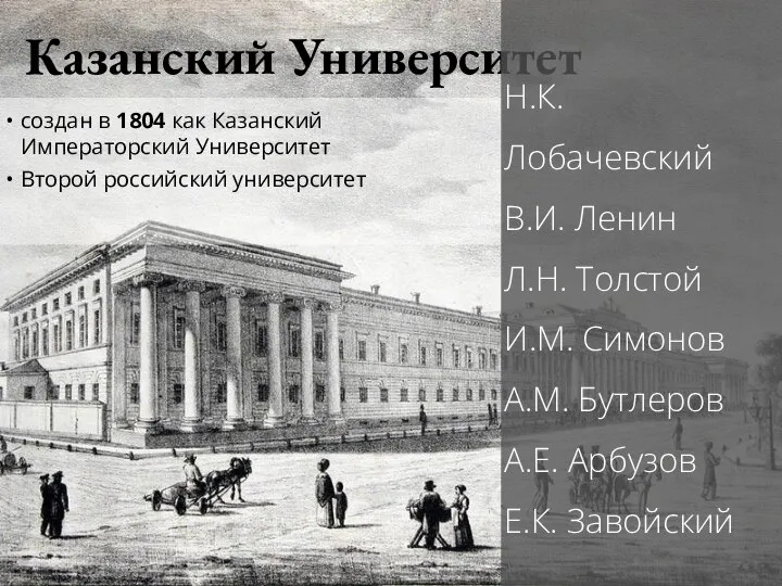 Казанский Университет создан в 1804 как Казанский Императорский Университет Второй российский