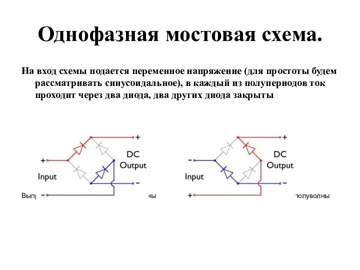 Однофазная мостовая схема. На вход схемы подается переменное напряжение (для простоты