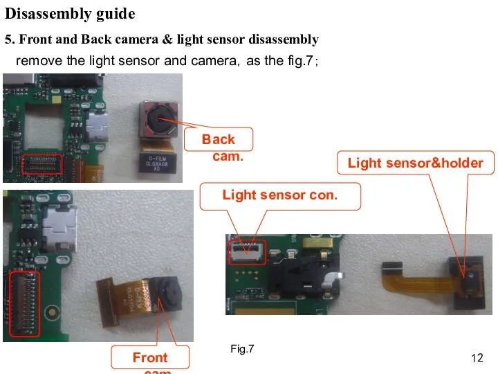 remove the light sensor and camera，as the fig.7； 5. Front and