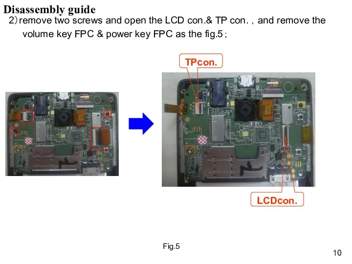 2）remove two screws and open the LCD con.& TP con. ，and