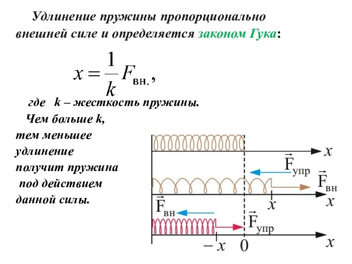 Удлинение пружины пропорционально внешней силе и определяется законом Гука: где k