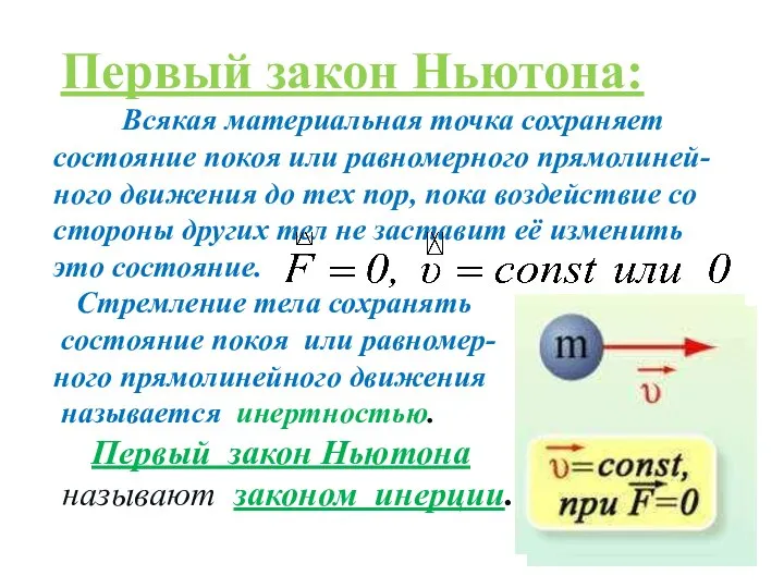 Первый закон Ньютона: Всякая материальная точка сохраняет состояние покоя или равномерного