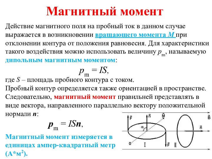 Магнитный момент Действие магнитного поля на пробный ток в данном случае