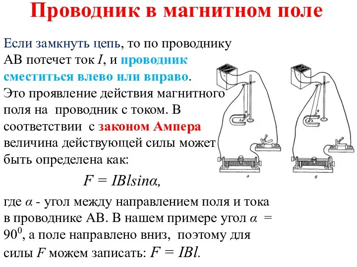 Проводник в магнитном поле Если замкнуть цепь, то по проводнику AB