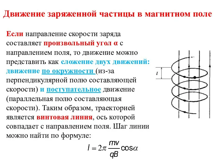 Движение заряженной частицы в магнитном поле Если направление скорости заряда составляет