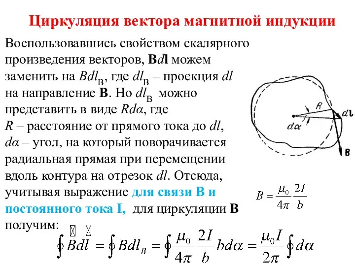 Циркуляция вектора магнитной индукции Воспользовавшись свойством скалярного произведения векторов, Bdl можем