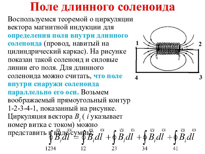 Поле длинного соленоида Воспользуемся теоремой о циркуляции вектора магнитной индукции для