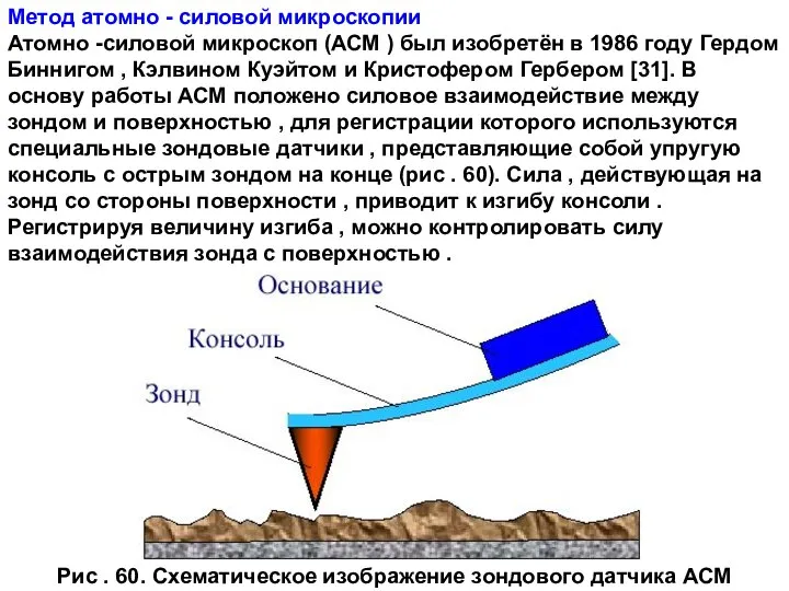 Метод атомно - силовой микроскопии Атомно -силовой микроскоп (АСМ ) был