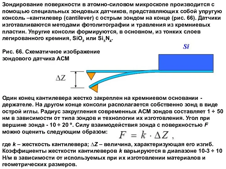 Один конец кантилевера жестко закреплен на кремниевом основании - держателе. На