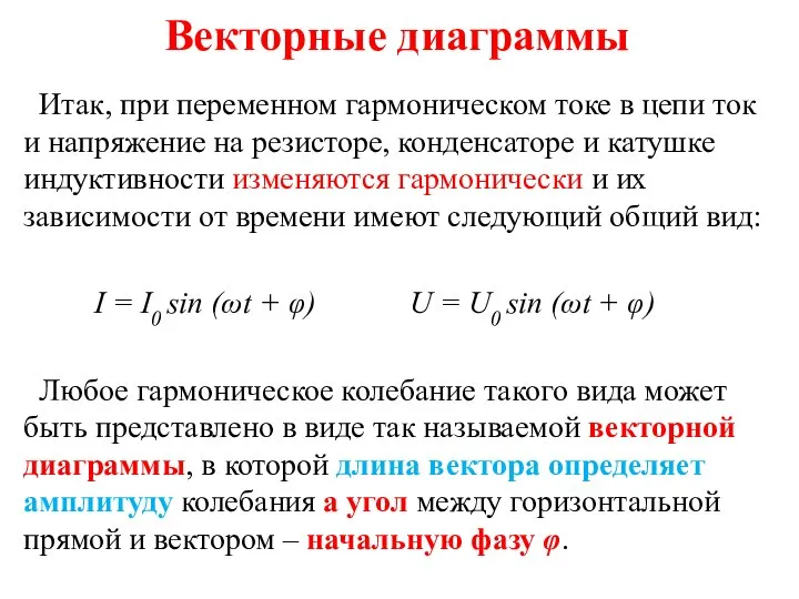 Векторные диаграммы Итак, при переменном гармоническом токе в цепи ток и