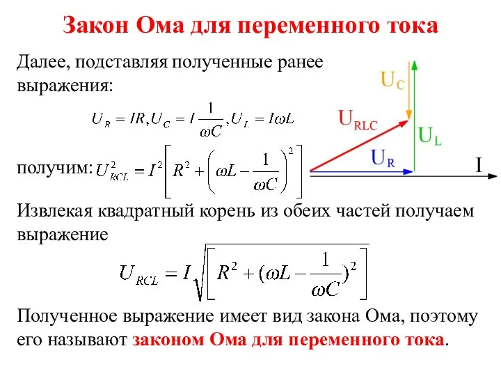 Далее, подставляя полученные ранее выражения: получим: Закон Ома для переменного тока