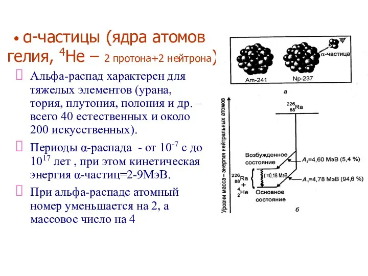 α-частицы (ядра атомов гелия, 4He – 2 протона+2 нейтрона) Альфа-распад характерен