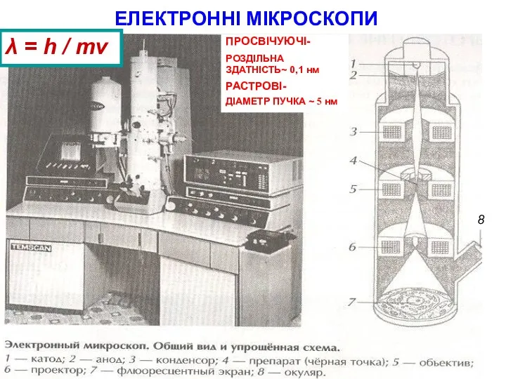 ЕЛЕКТРОННІ МІКРОСКОПИ ПРОСВІЧУЮЧІ- РОЗДІЛЬНА ЗДАТНІСТЬ~ 0,1 нм РАСТРОВІ- ДІАМЕТР ПУЧКА ~