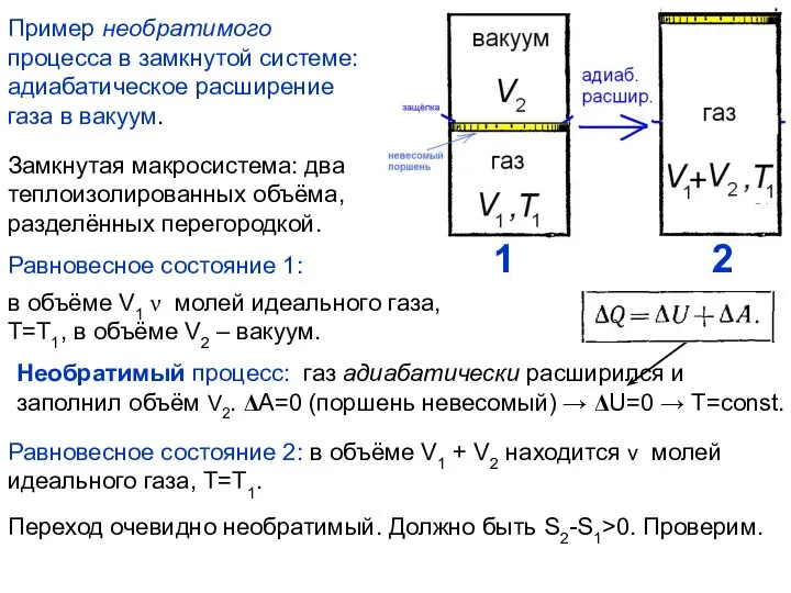 Пример необратимого процесса в замкнутой системе: адиабатическое расширение газа в вакуум.