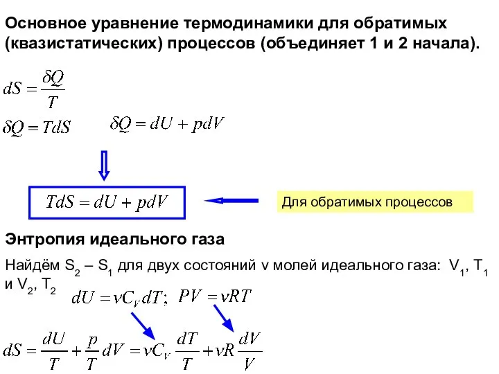 Основное уравнение термодинамики для обратимых (квазистатических) процессов (объединяет 1 и 2