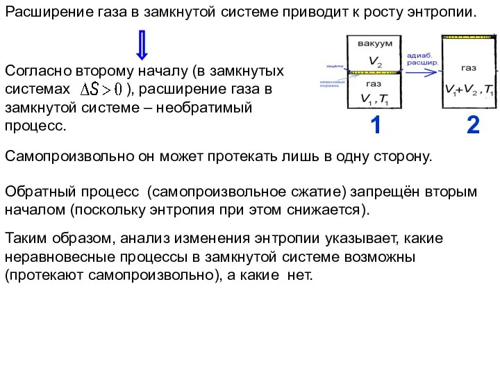 Расширение газа в замкнутой системе приводит к росту энтропии. Самопроизвольно он