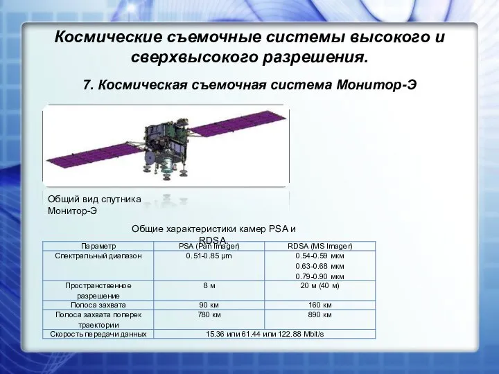 7. Космическая съемочная система Монитор-Э Общий вид спутника Монитор-Э Общие характеристики