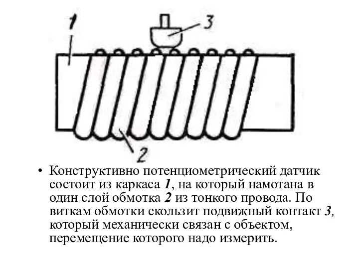 Конструктивно потенциометрический датчик состоит из каркаса 1, на который намотана в