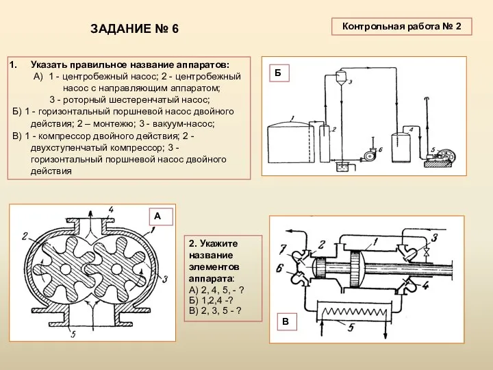 ЗАДАНИЕ № 6 Указать правильное название аппаратов: А) 1 - центробежный