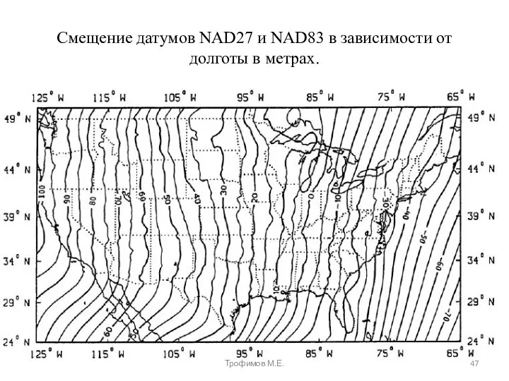 Смещение датумов NAD27 и NAD83 в зависимости от долготы в метрах. Трофимов М.Е.