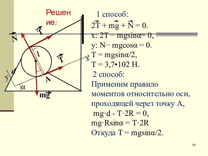 2T + mg + N = 0. x: 2T − mgsinα=