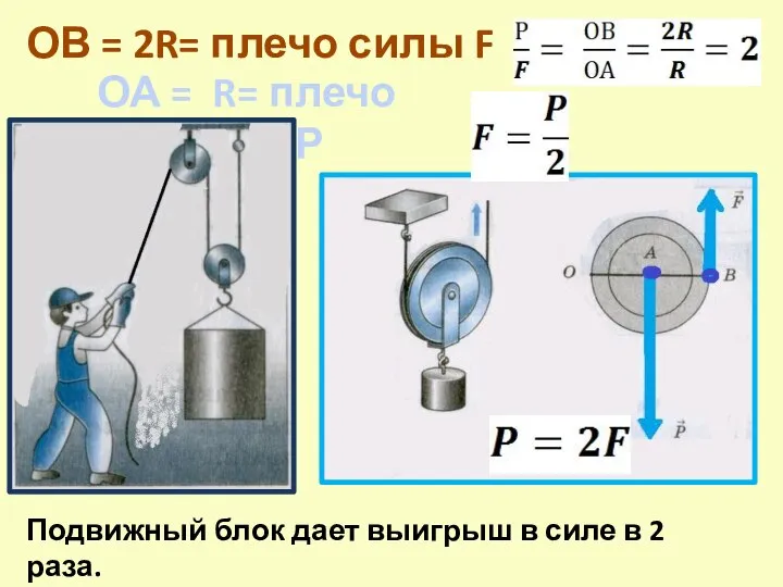 ОА = R= плечо силы Р ОВ = 2R= плечо силы