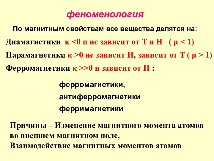 По магнитным свойствам все вещества делятся на: феноменология Диамагнетики κ Парамагнетики