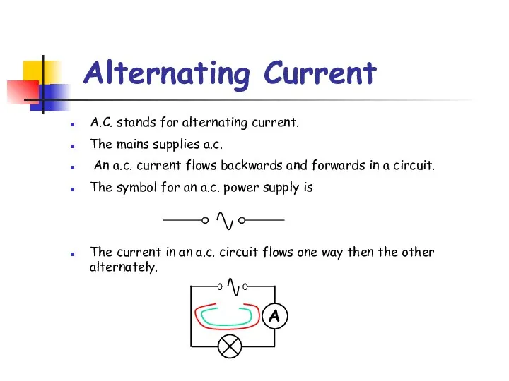 Alternating Current A.C. stands for alternating current. The mains supplies a.c.