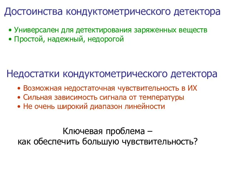 Достоинства кондуктометрического детектора Универсален для детектирования заряженных веществ Простой, надежный, недорогой