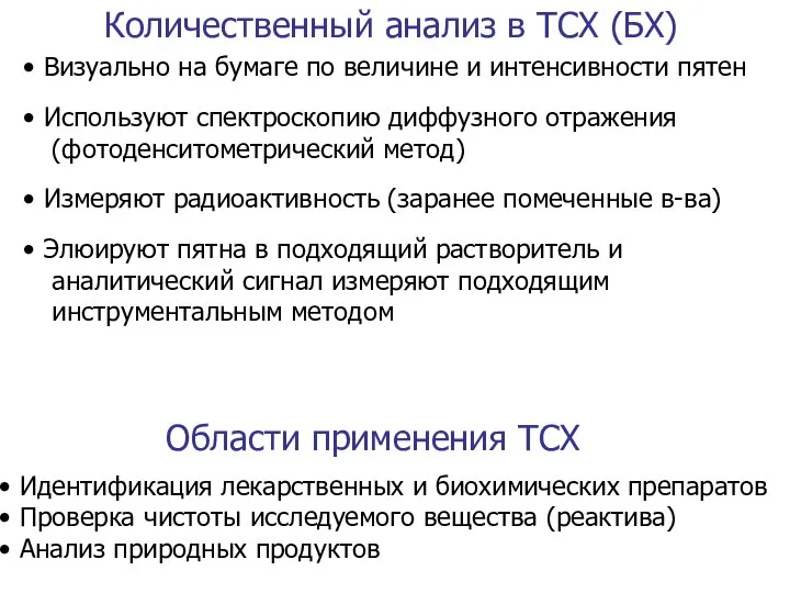 Количественный анализ в ТСХ (БХ) Визуально на бумаге по величине и