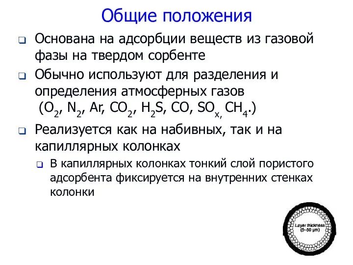 Общие положения Основана на адсорбции веществ из газовой фазы на твердом