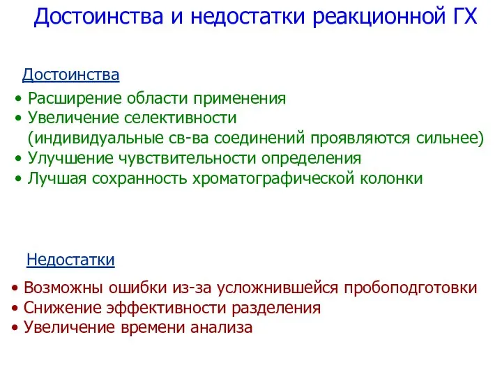 Достоинства и недостатки реакционной ГХ Достоинства Расширение области применения Увеличение селективности