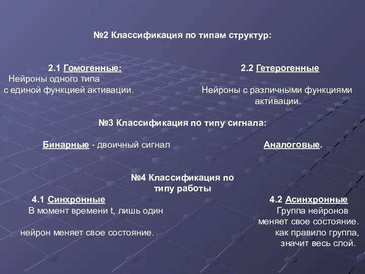 №2 Классификация по типам структур: 2.1 Гомогенные: 2.2 Гетерогенные Нейроны одного