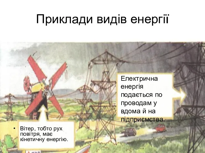 Приклади видів енергії Вітер, тобто рух повітря, має кінетичну енергію.