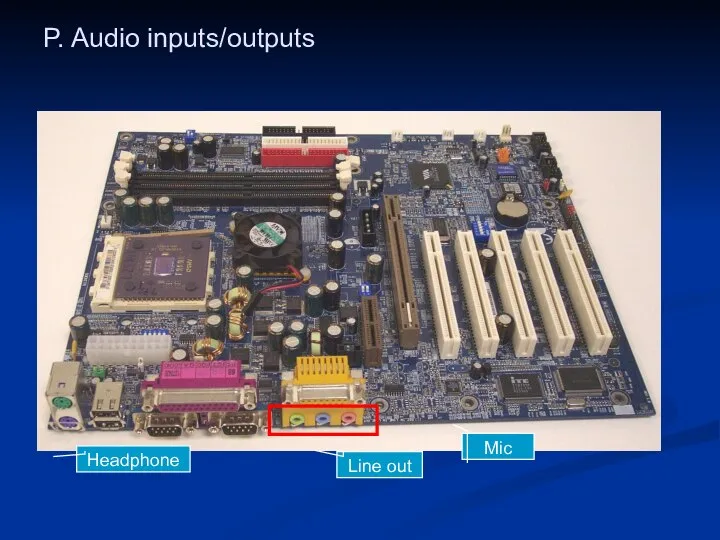 P. Audio inputs/outputs Mic Headphone Line out