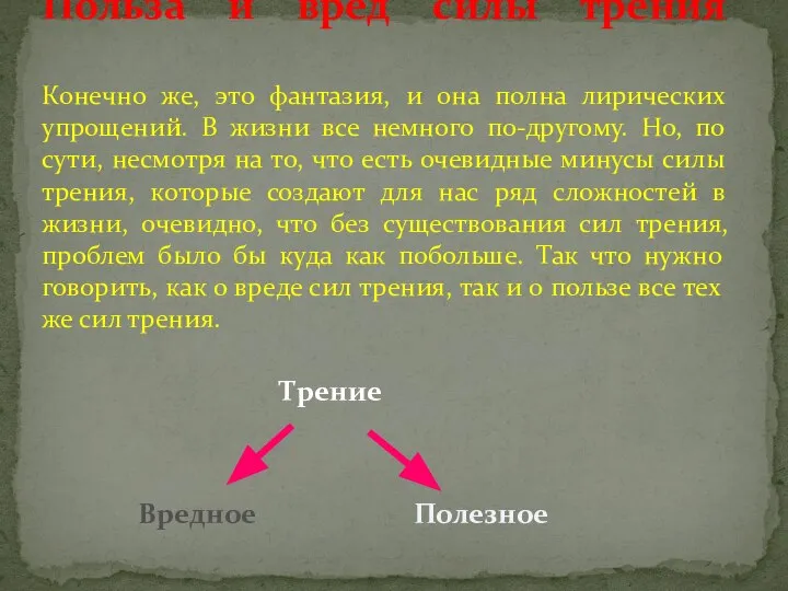 Трение Вредное Полезное Польза и вред силы трения Конечно же, это