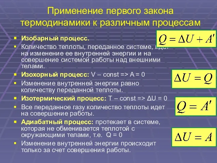 Применение первого закона термодинамики к различным процессам Изобарный процесс. Количество теплоты,