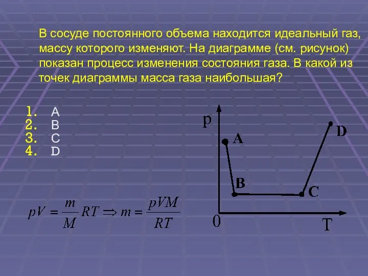 В сосуде постоянного объема находится идеальный газ, массу которого изменяют. На