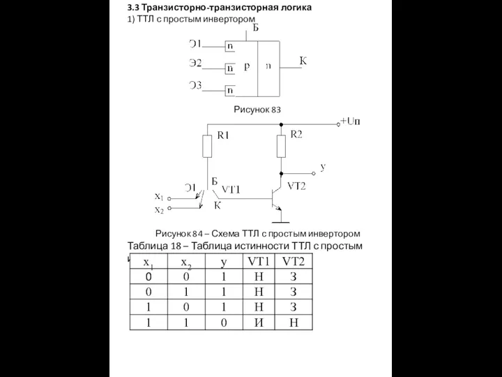 3.3 Транзисторно-транзисторная логика 1) ТТЛ с простым инвертором Рисунок 83 Рисунок